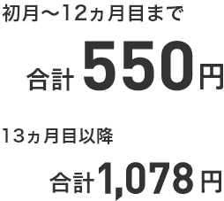 初月~12ヵ月目まで 合計550円 13ヵ月目以降 合計1,078円