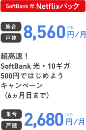 SoftBank 光 Netflixパック 集合 戸建 8,560円/月 超高速!SoftBank 光・10ギガ 500円ではじめようキャンペーン(6ヵ月目まで) 集合 戸建 2,680円/月